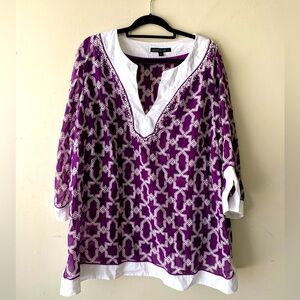 Lafayette 148 Top Womens 22 Plus Purple White Beaded Sheer Elevated Tunic Topper